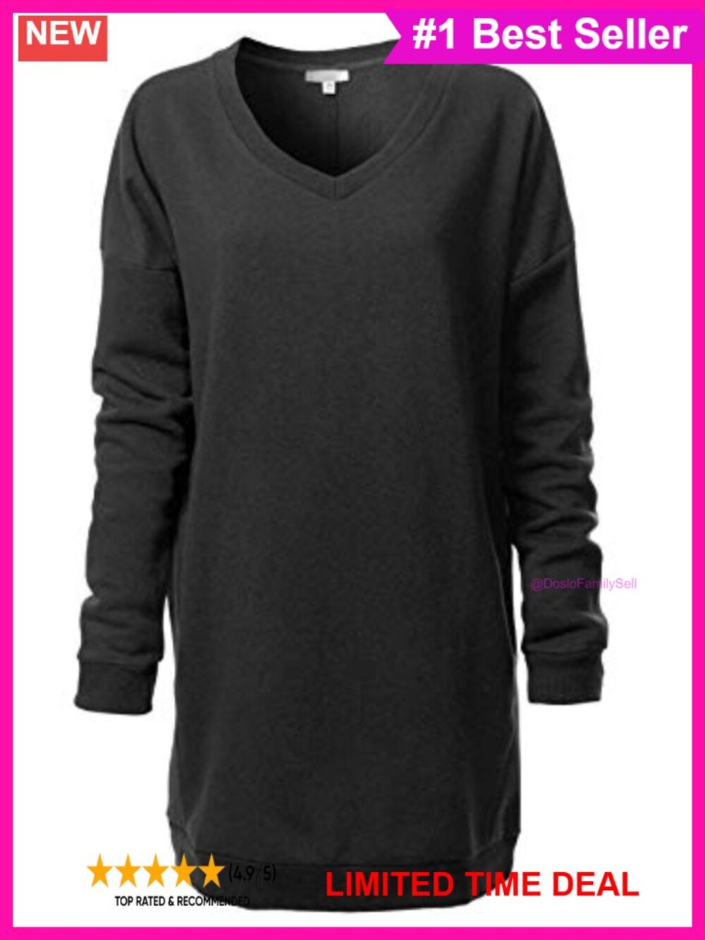 Oversized V-Neck Fleece Tunic Sweatshirt Pullover Side Pockets